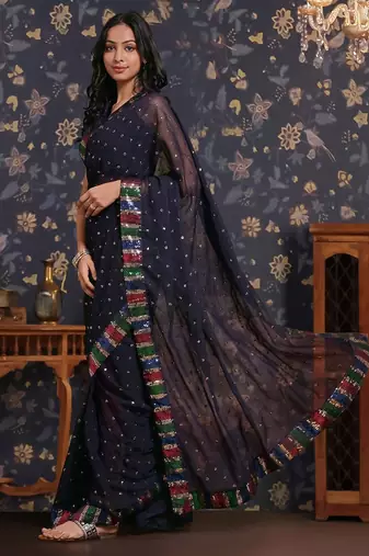 Navy blue sequin embellished geaorgette party wear saree
