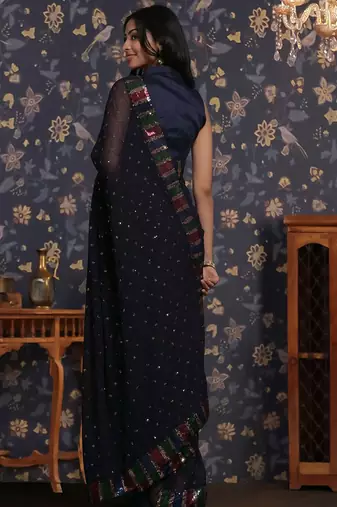 Navy blue sequin embellished geaorgette party wear saree