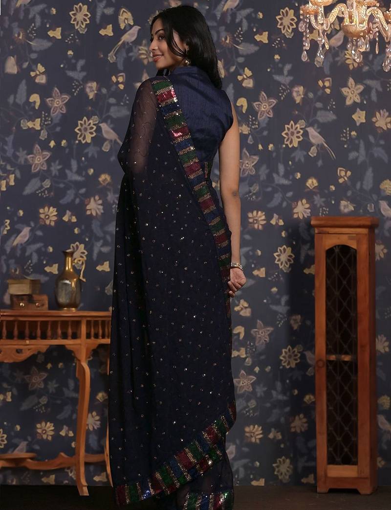 Navy blue sequin embellished geaorgette party wear saree