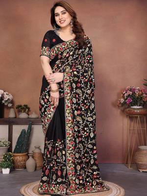 Black embroidered saree with unstitched blouse 1