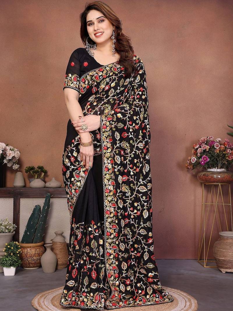 Black embroidered saree with unstitched blouse