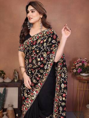 Black embroidered saree with unstitched blouse 2
