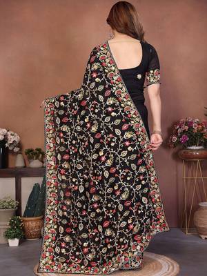 Black embroidered saree with unstitched blouse 4