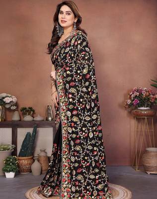 Black embroidered saree with unstitched blouse 5