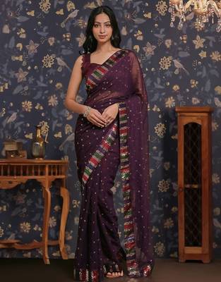 Purple sequin patta geaorgette party wear saree 1