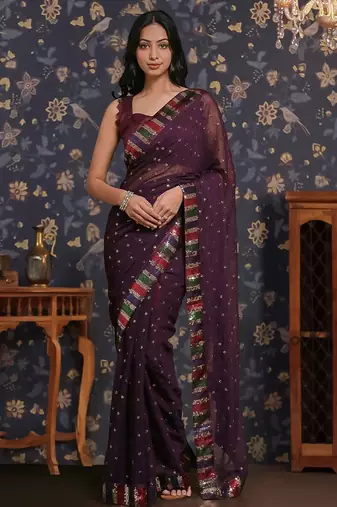 Purple sequin patta geaorgette party wear saree