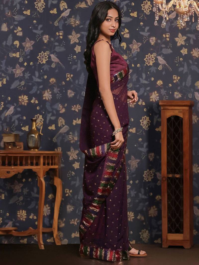 Purple sequin patta geaorgette party wear saree