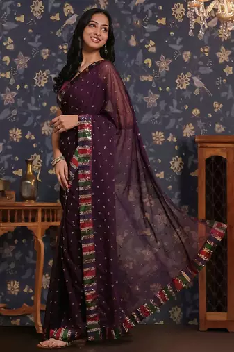 Purple sequin patta geaorgette party wear saree