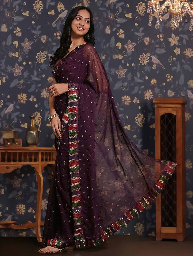 Purple sequin patta geaorgette party wear saree