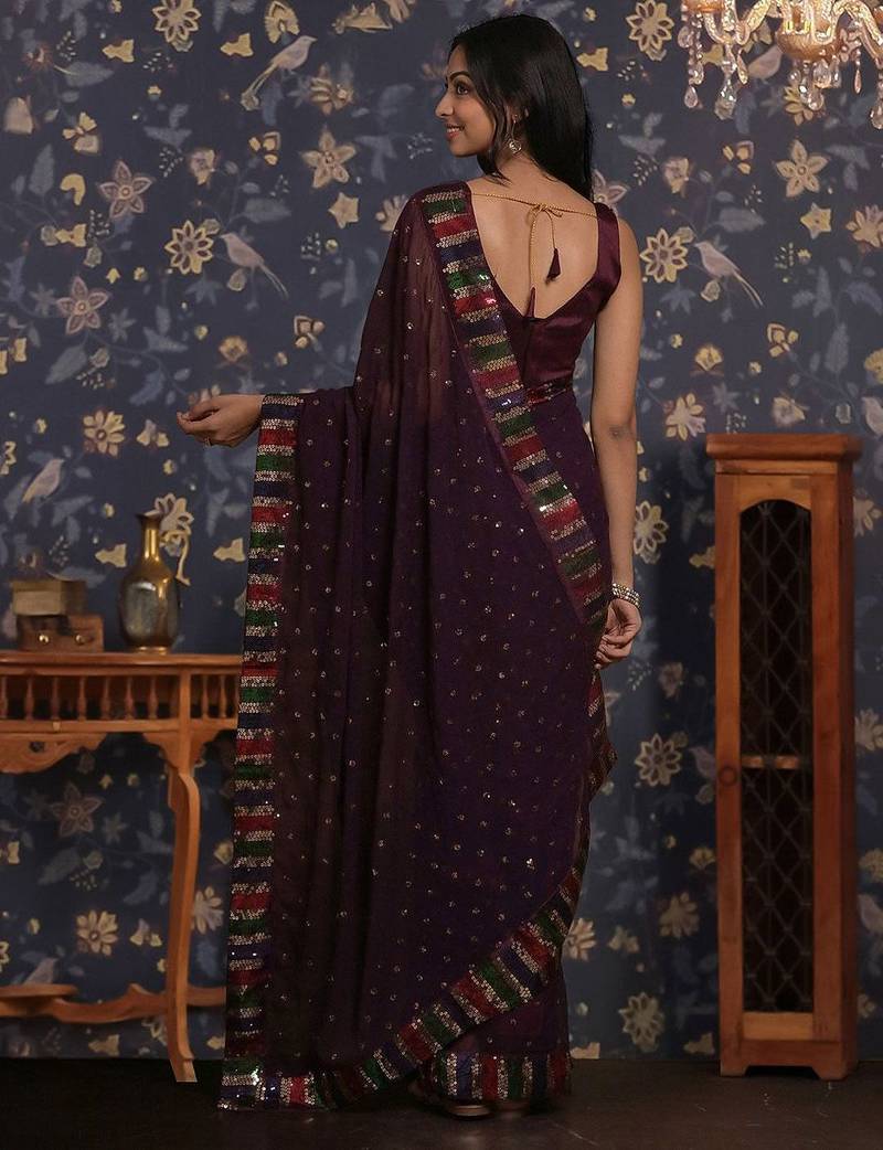 Purple sequin patta geaorgette party wear saree