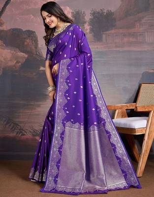 Purple woven design zari saree with blouse piece 2