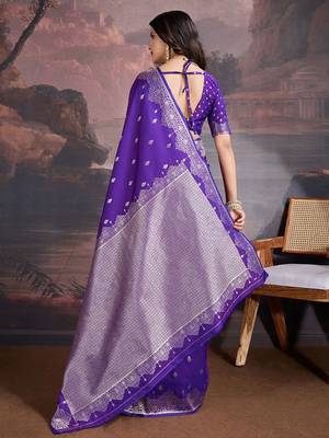 Purple woven design zari saree with blouse piece 3