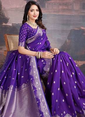 Purple woven design zari saree with blouse piece 4