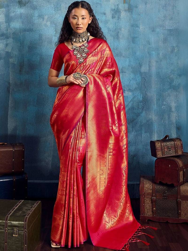 Red woven design kanjeevaram saree with blouse piece