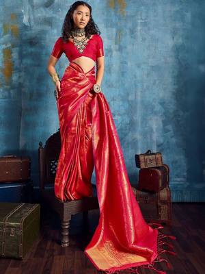 Red woven design kanjeevaram saree with blouse piece 3