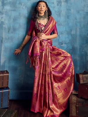 Magenta woven design kanjeevaram saree with blouse piece 3