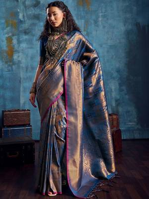 Blue woven design kanjeevaram saree with blouse piece 1
