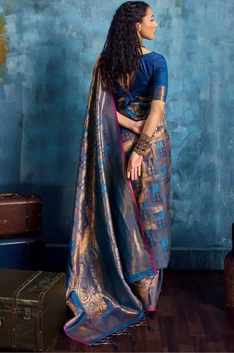 Blue woven design kanjeevaram saree with blouse piece