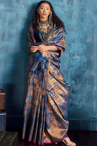 Blue woven design kanjeevaram saree with blouse piece