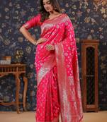 Pink ethnic motifs woven design silk blend banarasi sarees