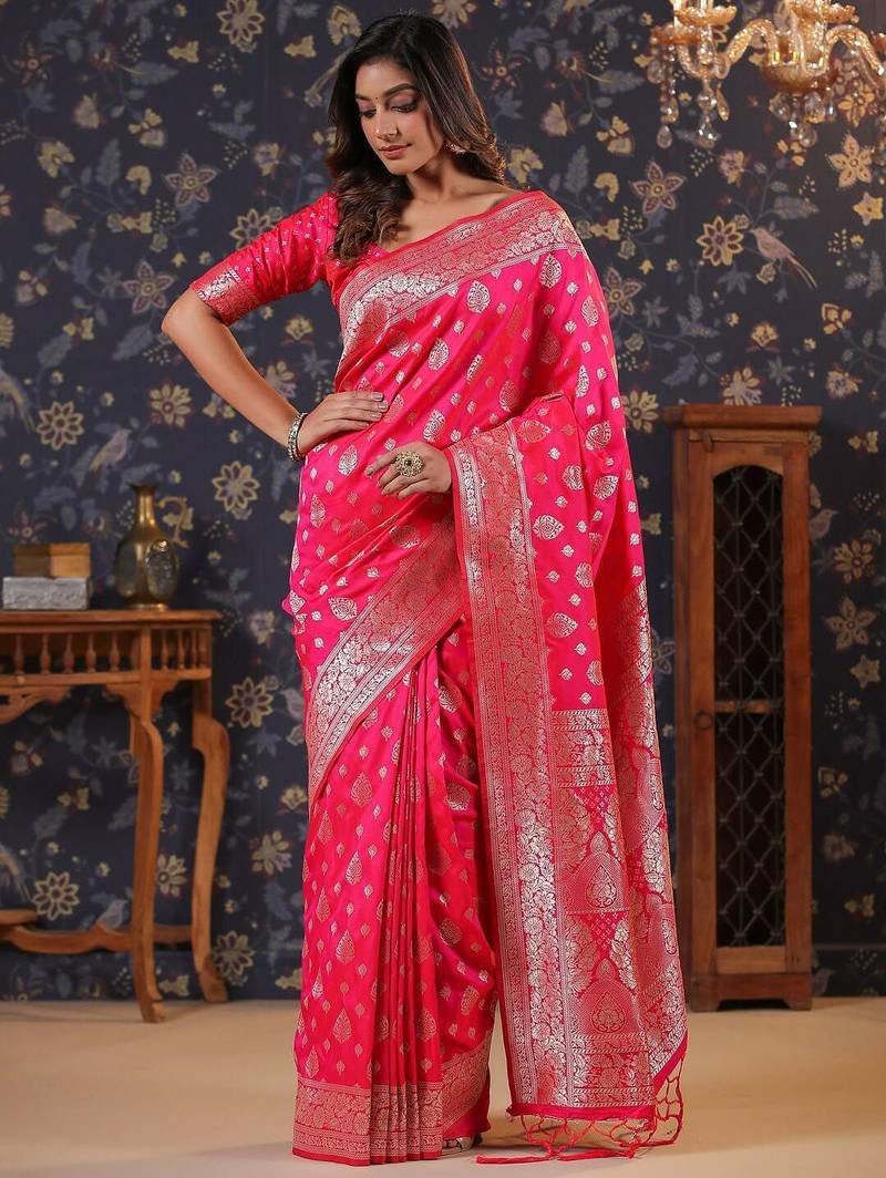 Pink ethnic motifs woven design silk blend banarasi sarees