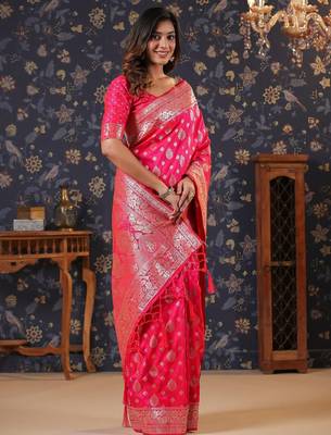 Pink ethnic motifs woven design silk blend banarasi sarees 2
