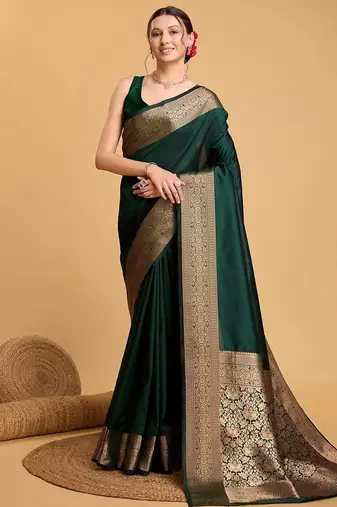 Green art silk zari kanjivaram saree with unstitched blouse piece