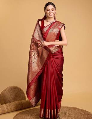 Red woven design art silk kanjeevaram saree with blouse piece 1
