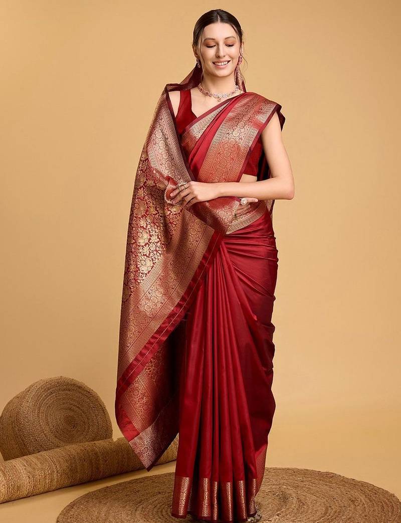 Red woven design art silk kanjeevaram saree with blouse piece