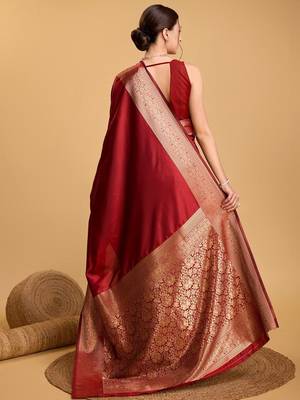 Red woven design art silk kanjeevaram saree with blouse piece 3