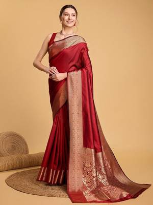 Red woven design art silk kanjeevaram saree with blouse piece 4