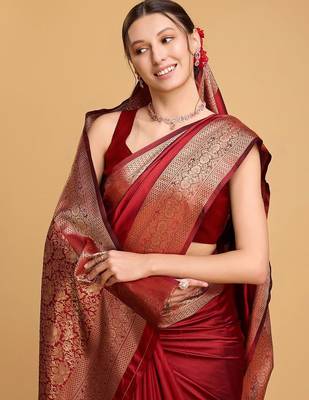 Red woven design art silk kanjeevaram saree with blouse piece 5