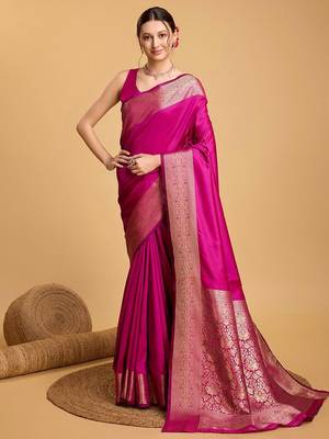 Pink woven embellished art silk kanjivaram pink saree 2
