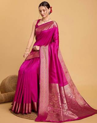 Pink woven embellished art silk kanjivaram pink saree 5