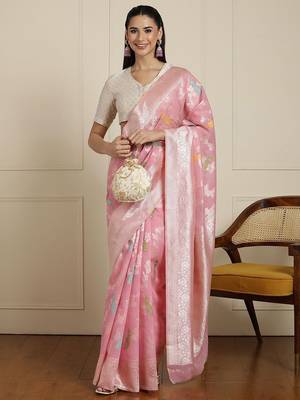 Pink women woven design zari banarasi saree 1