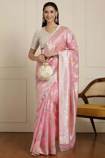 Pink women woven design zari banarasi saree