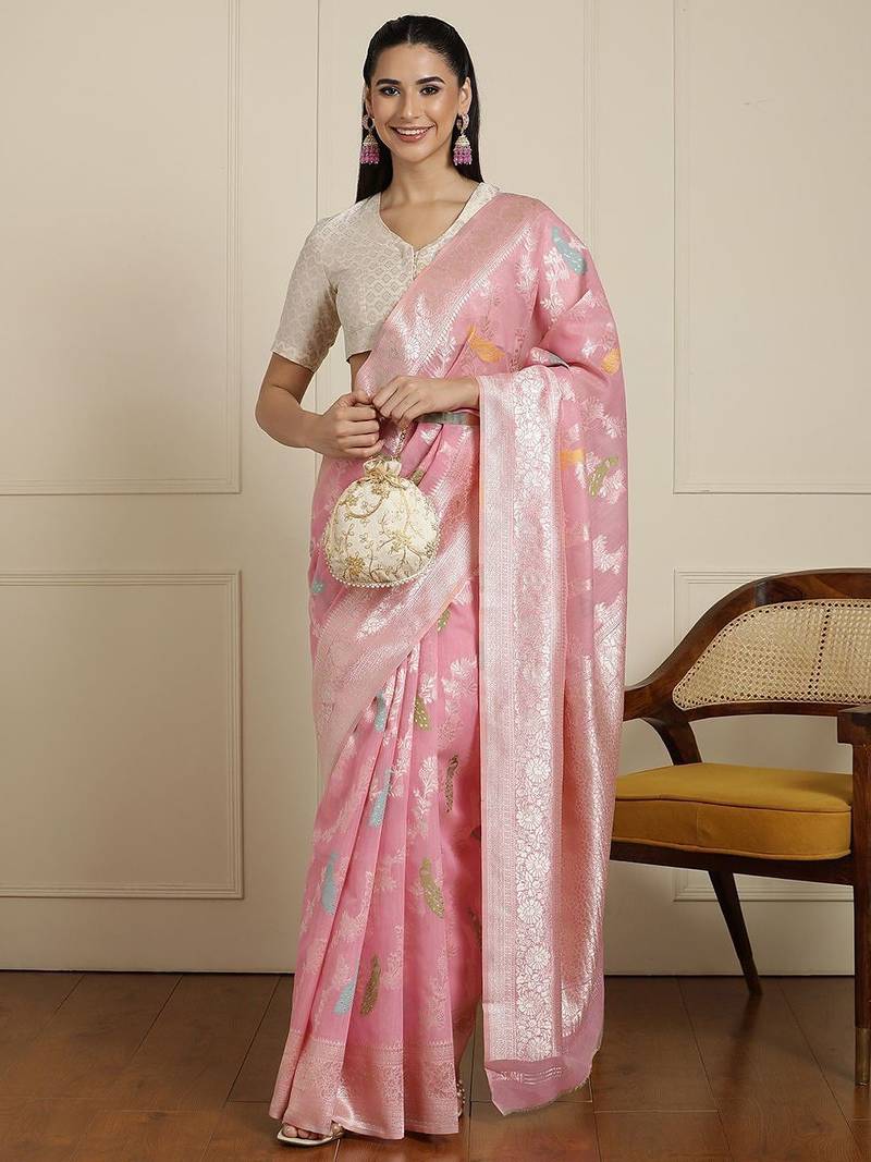 Pink women woven design zari banarasi saree