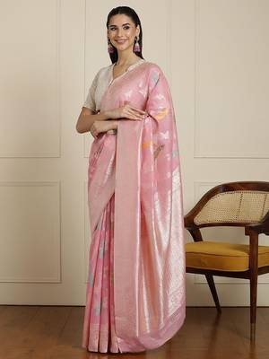 Pink women woven design zari banarasi saree 2