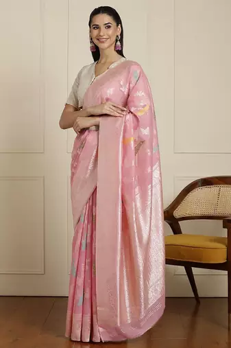 Pink women woven design zari banarasi saree