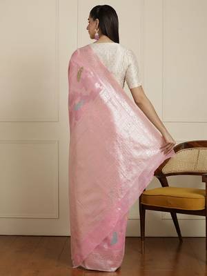 Pink women woven design zari banarasi saree 3