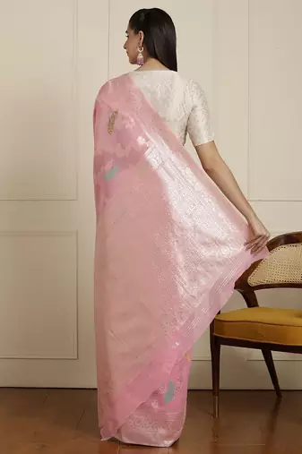 Pink women woven design zari banarasi saree