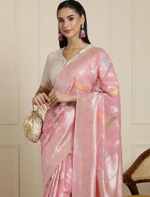 Pink women woven design zari banarasi saree 4
