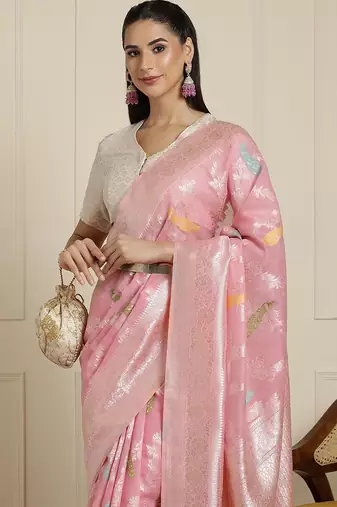 Pink women woven design zari banarasi saree