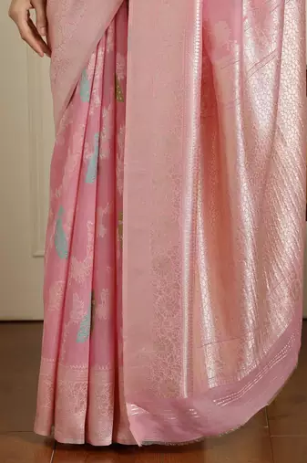 Pink women woven design zari banarasi saree