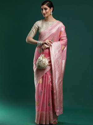 Pink woven design chanderi sarees with blouse piece 1