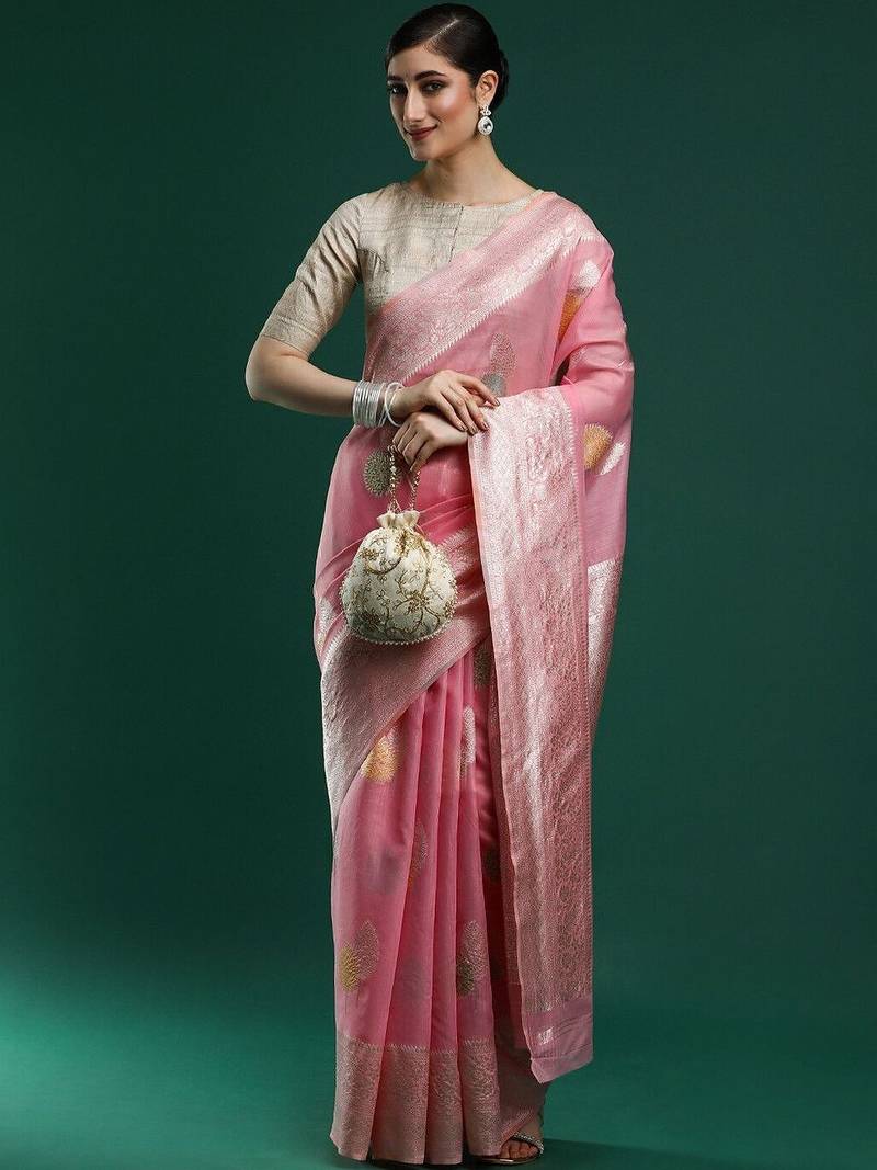 Pink woven design chanderi sarees with blouse piece
