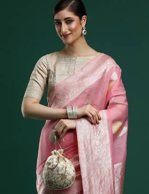 Pink woven design chanderi sarees with blouse piece 2