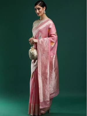 Pink woven design chanderi sarees with blouse piece 3