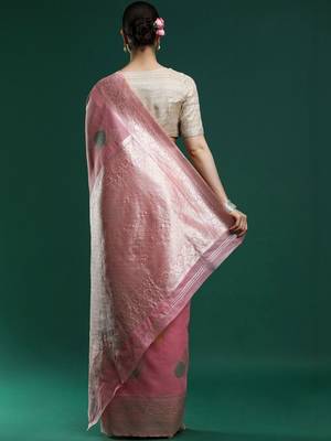 Pink woven design chanderi sarees with blouse piece 4
