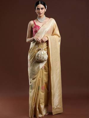 Beige woven design chanderi sarees with blouse piece 1